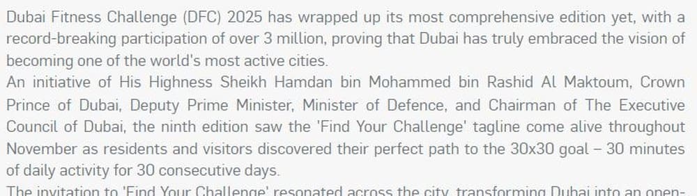 Dubai Media Office report of record participation of more than 3 million in last year's Dubai Fitness Challenge