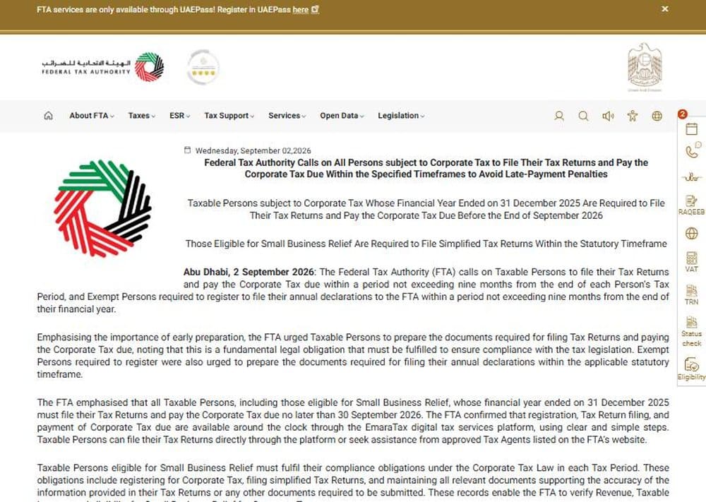 Federal Tax Authority news page dated 2 September 2026 confirming the 30 September Corporate Tax filing deadline
