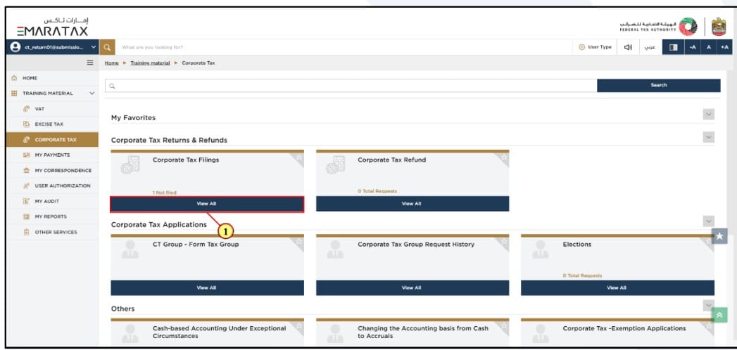 Corporate Tax Filings tile in EmaraTax
