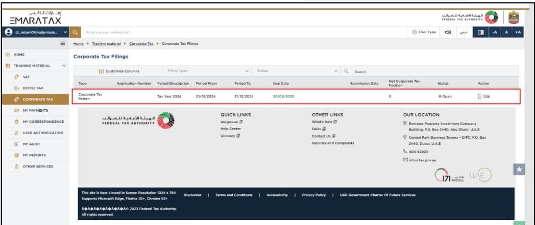 The File link in the Corporate Tax Filings table