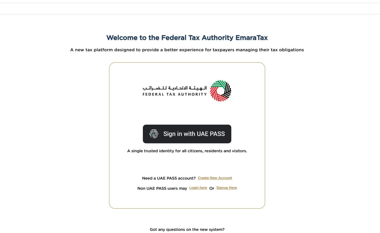EmaraTax login screen with Sign in with UAE PASS