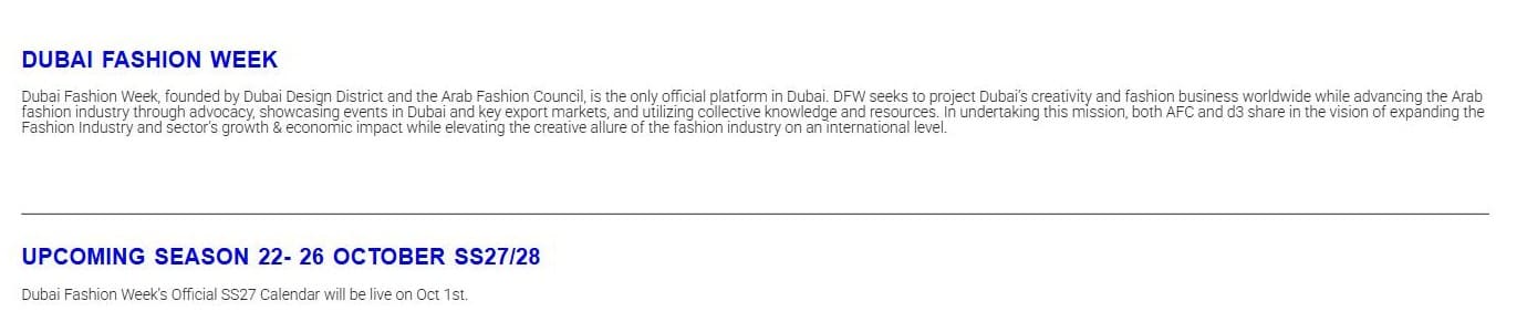 Dubai Fashion Week official website confirming the 22 to 26 October SS27/28 season