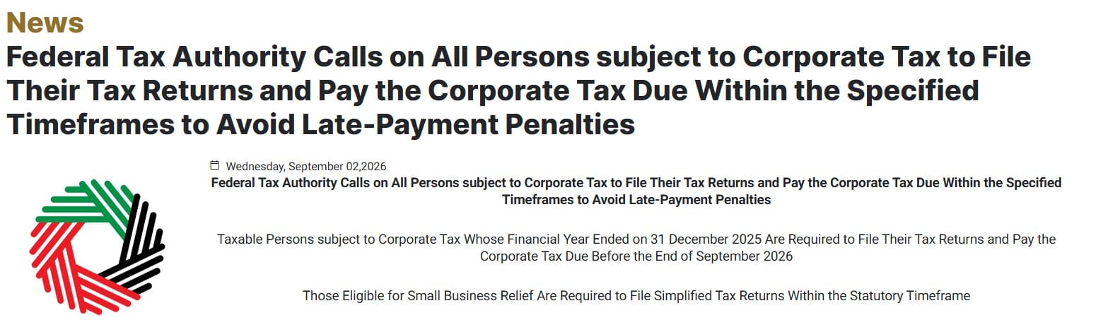 FTA news release on the September 2026 corporate tax deadline