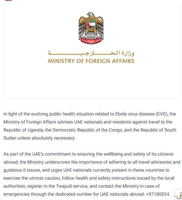 UAE MoFA Ebola travel advisory advising against travel to Uganda DRC and South Sudan