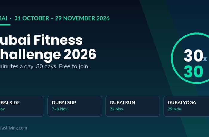 Dubai Fitness Challenge 2026 dates, 31 October to 29 November, shown with the four flagship event days