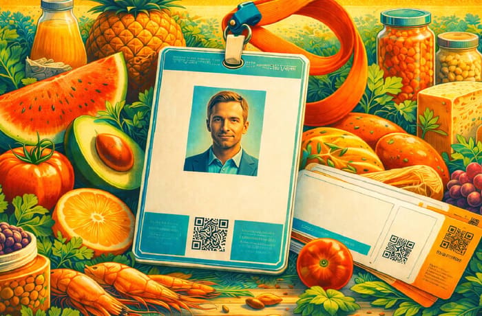 A man's name and picture is on a lanyard with a barcode