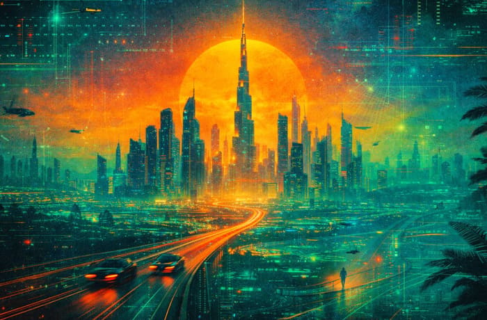A futuristic cityscape with a large skyscraper and a sunset