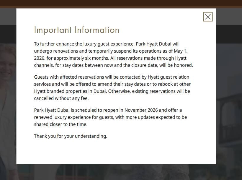 Park Hyatt Dubai Closing