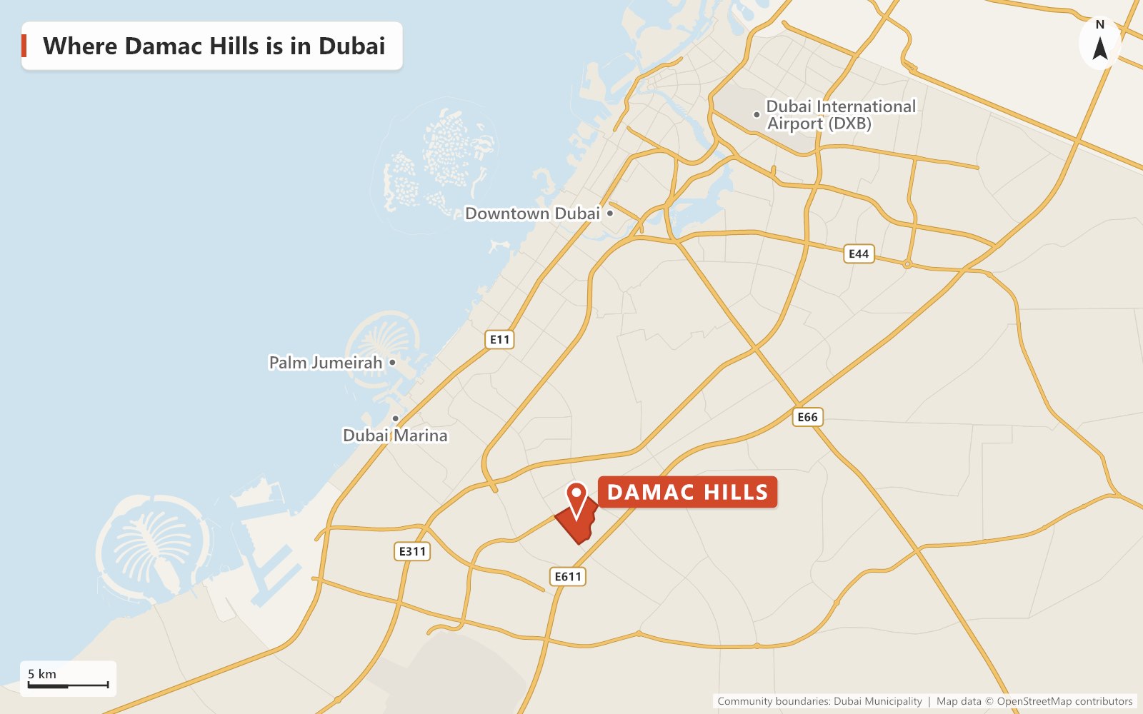 Map of Dubai showing where Damac Hills is, beside Sheikh Zayed bin Hamdan Al Nahyan Street and Al Qudra Street near Emirates Road (E611) in Dubailand, with Dubai Marina, Palm Jumeirah, Downtown Dubai and Dubai International Airport marked for reference