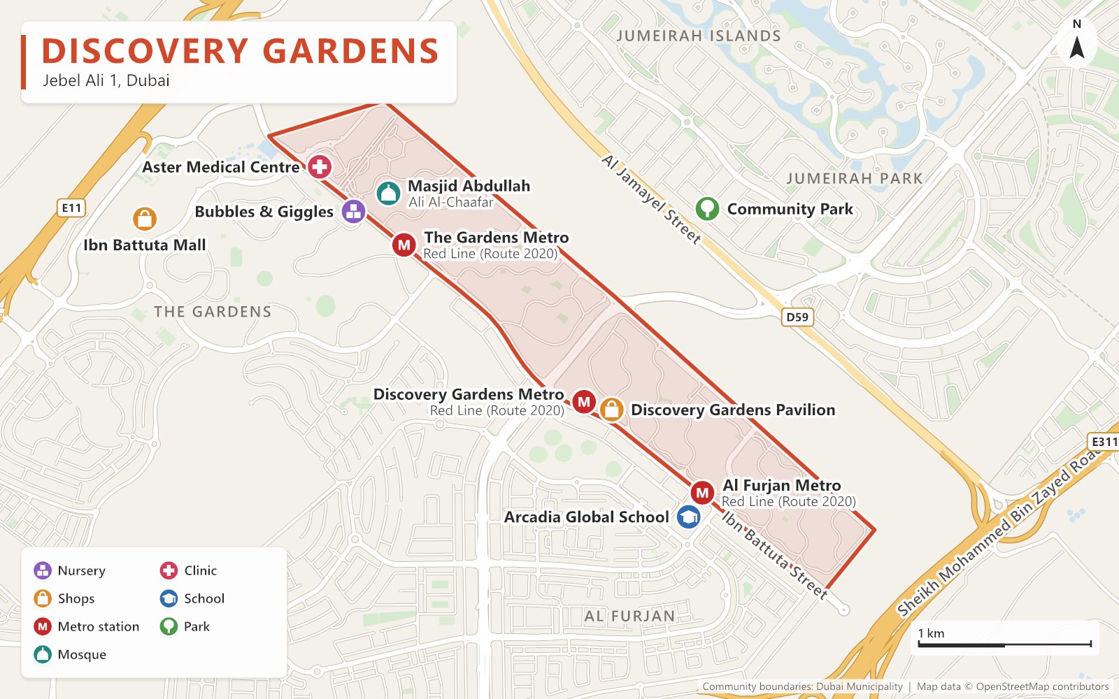 Close-up map of Discovery Gardens outlined in red along Al Jamayel Street (D59), next to The Gardens, Al Furjan, Jumeirah Park and Jumeirah Islands, with The Gardens, Discovery Gardens and Al Furjan Metro stations (Red Line, Route 2020), Discovery Gardens Pavilion, Ibn Battuta Mall, Aster Medical Centre, Masjid Abdullah Ali Al-Chaafar, a nursery, Arcadia Global School and Community Park marked.