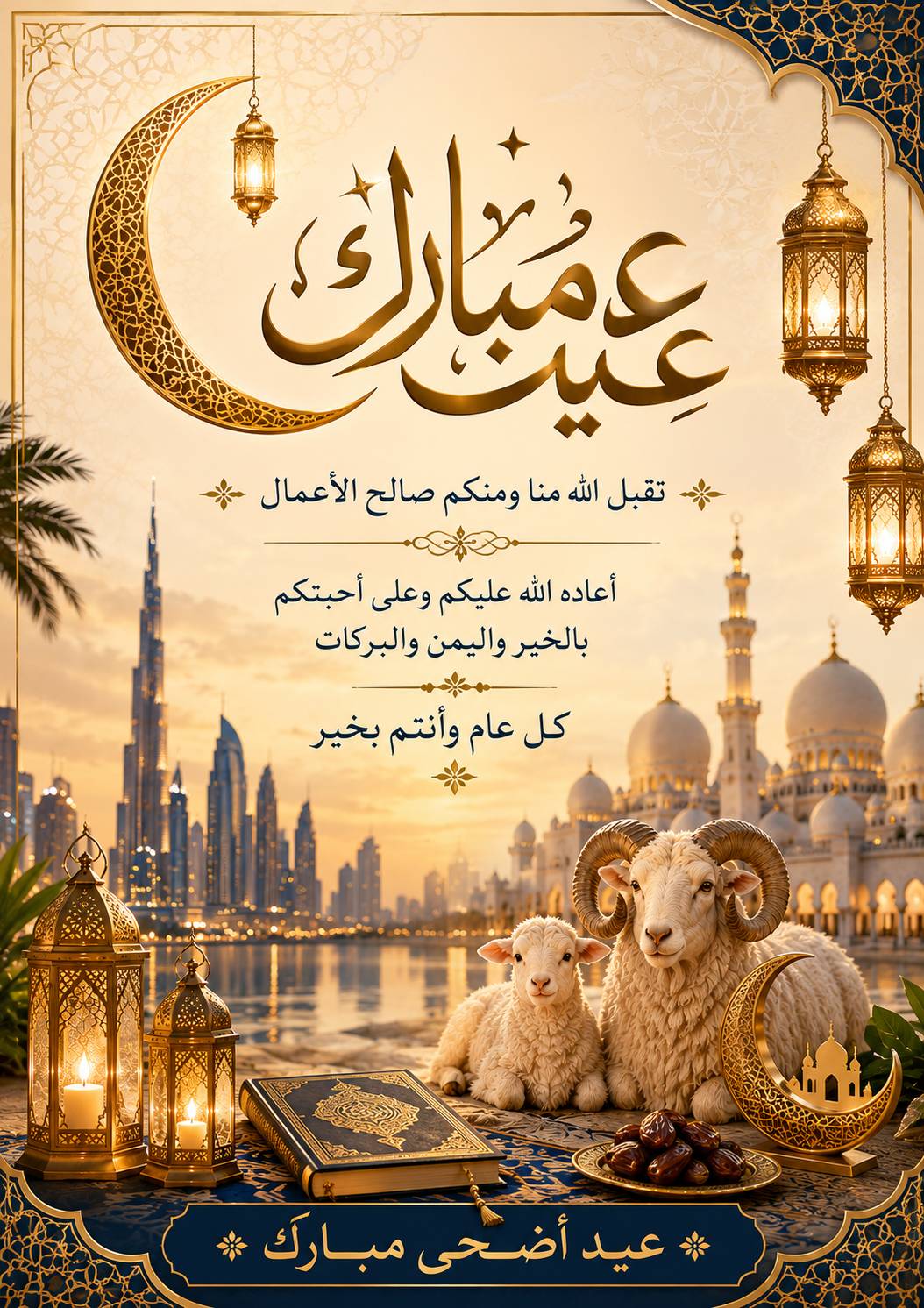 Premium Eid Mubarak greeting card in Arabic with traditional calligraphy and Islamic design
