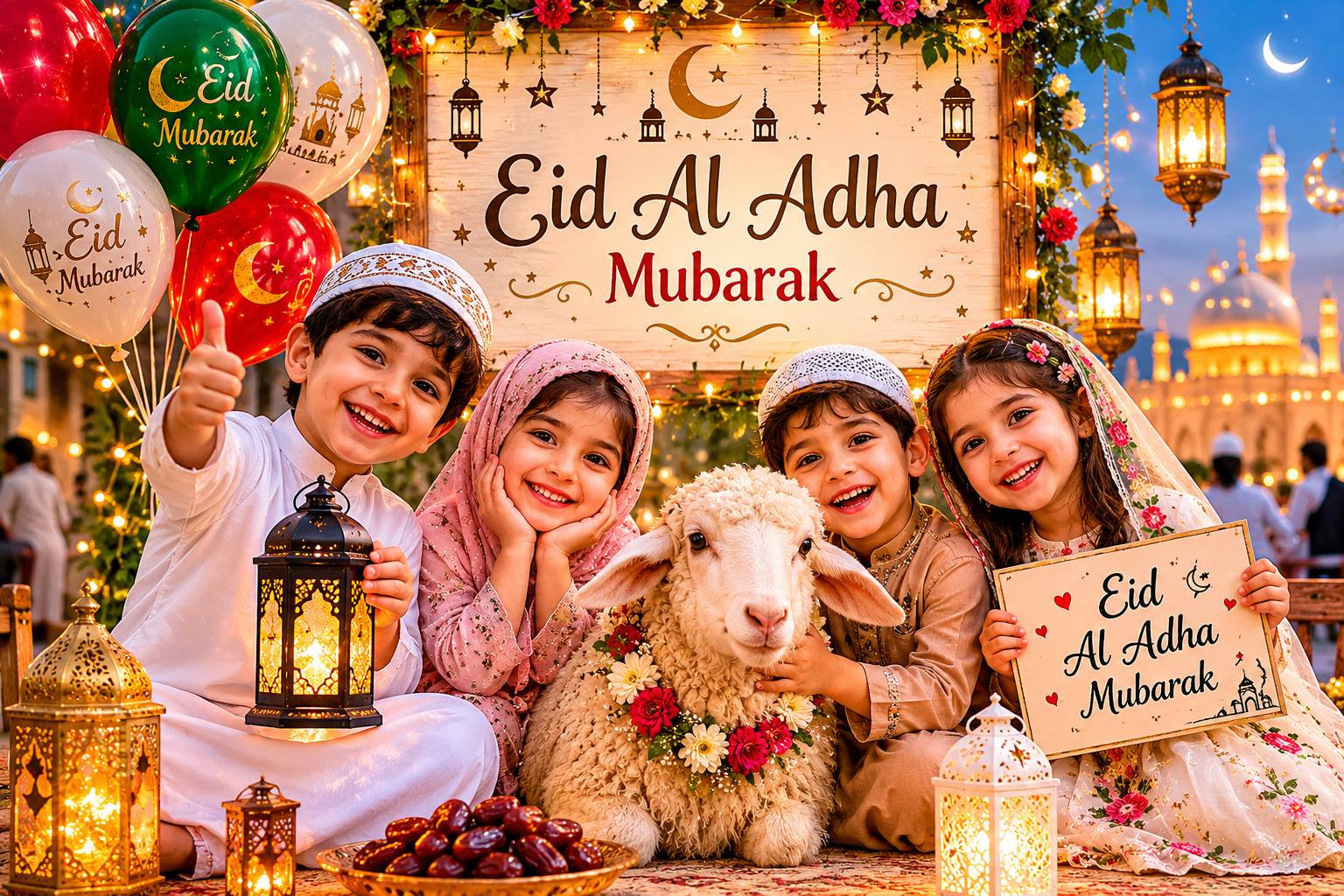 Cheerful Eid Al Adha 2026 image with children celebrating in a festive mosque courtyard with balloons, lanterns and a decorated lamb