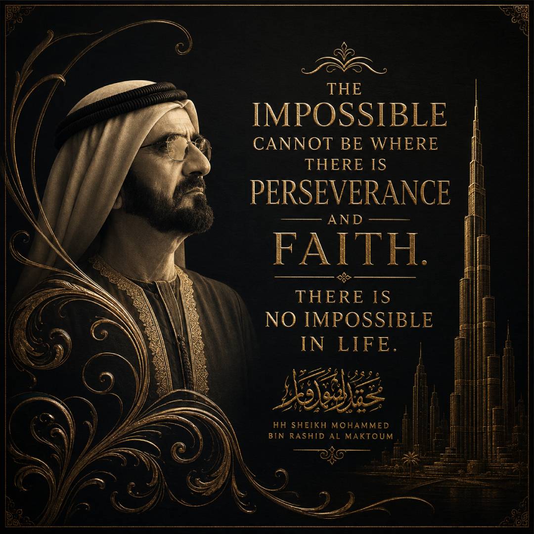 Sheikh Mohammed bin Rashid Al Maktoum quotes image in square 1:1 featuring the quote The impossible cannot be where there is perseverance and faith