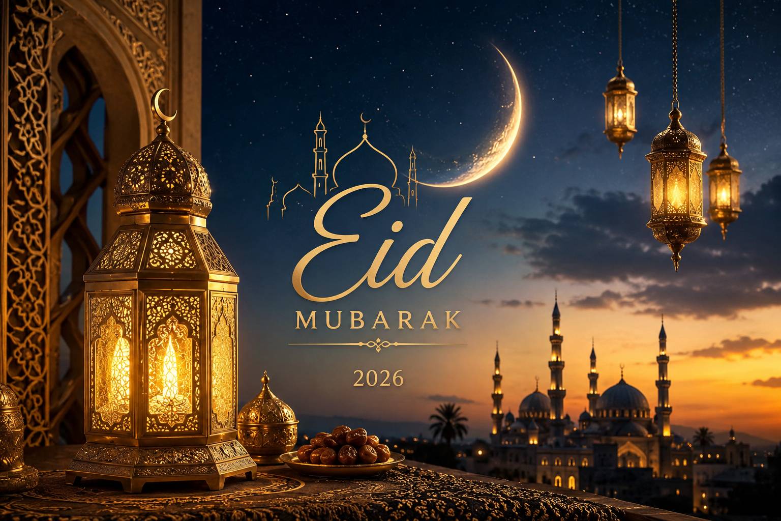 Eid image with crescent and lanterns: beautiful Eid Mubarak night scene with glowing crescent moon and traditional lanterns