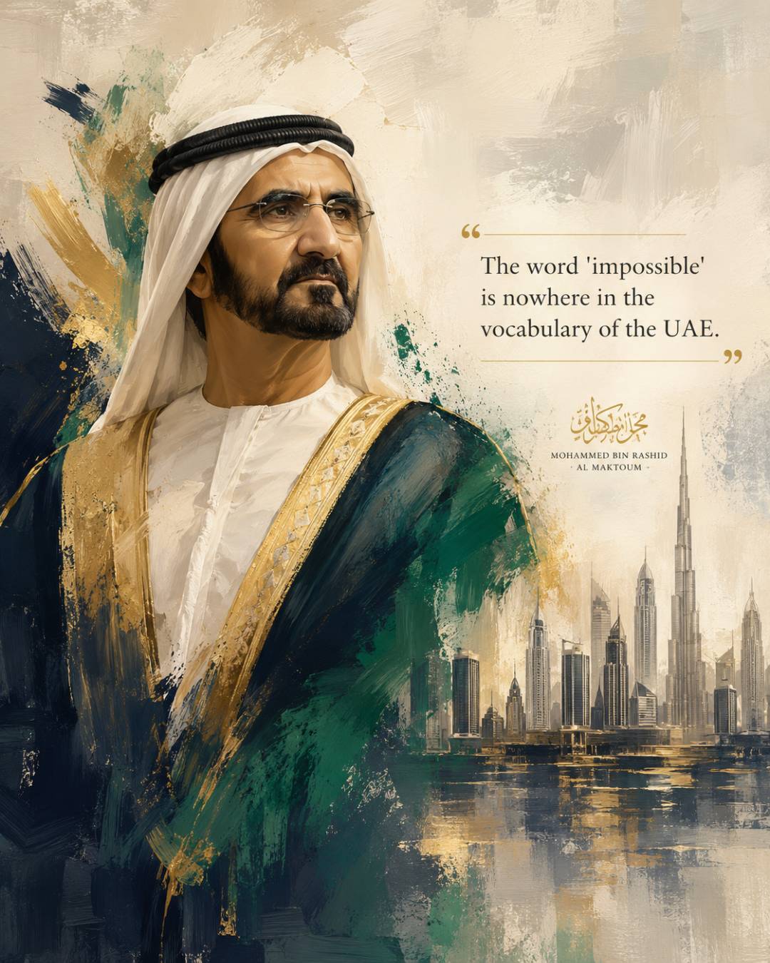 Sheikh Mohammed bin Rashid Al Maktoum quotes image in 4:5 portrait featuring the quote The word impossible is nowhere in the vocabulary of the UAE
