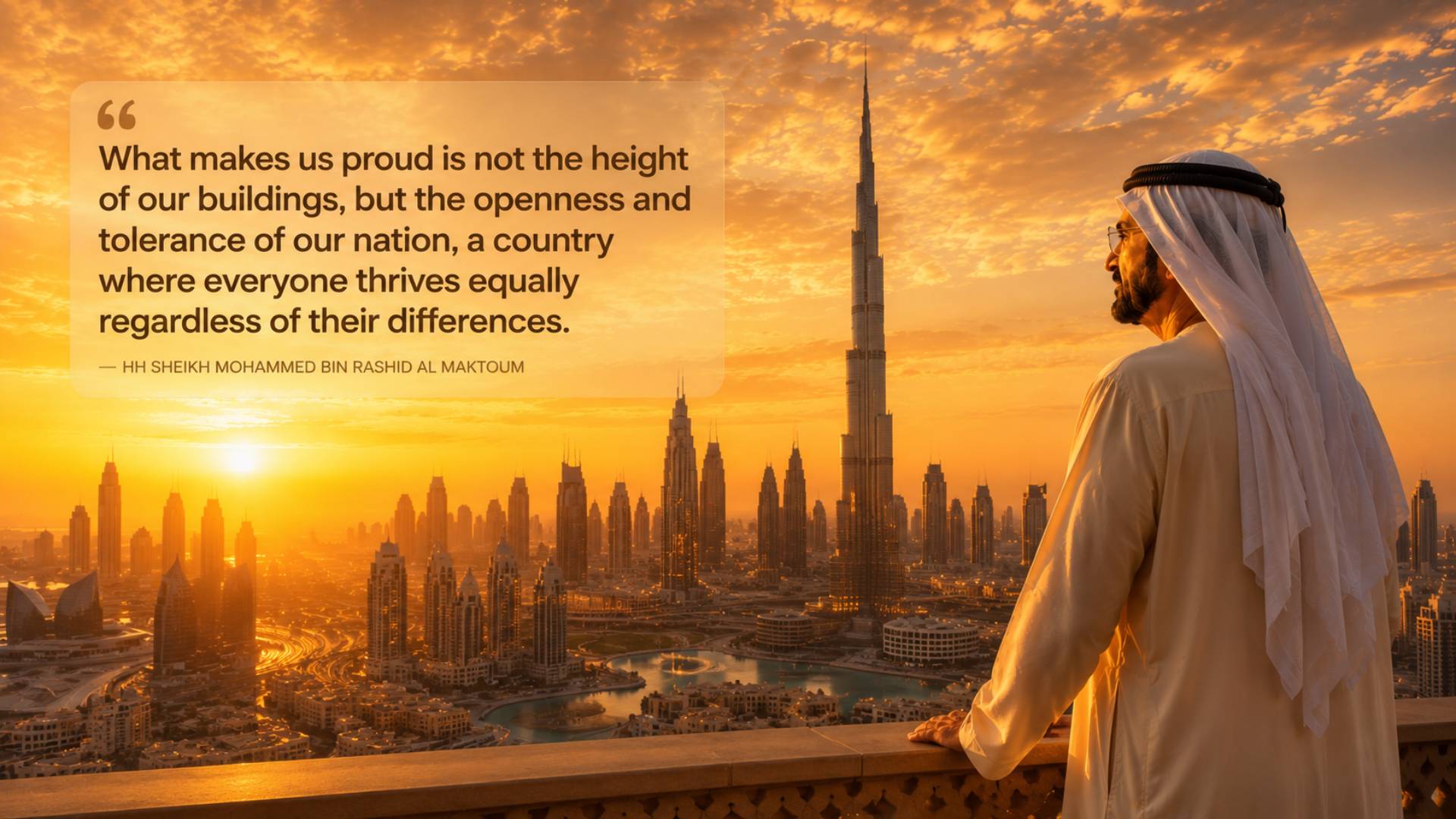Sheikh Mohammed bin Rashid Al Maktoum quotes image in 16:9 widescreen featuring the quote What makes us proud is not the height of our buildings