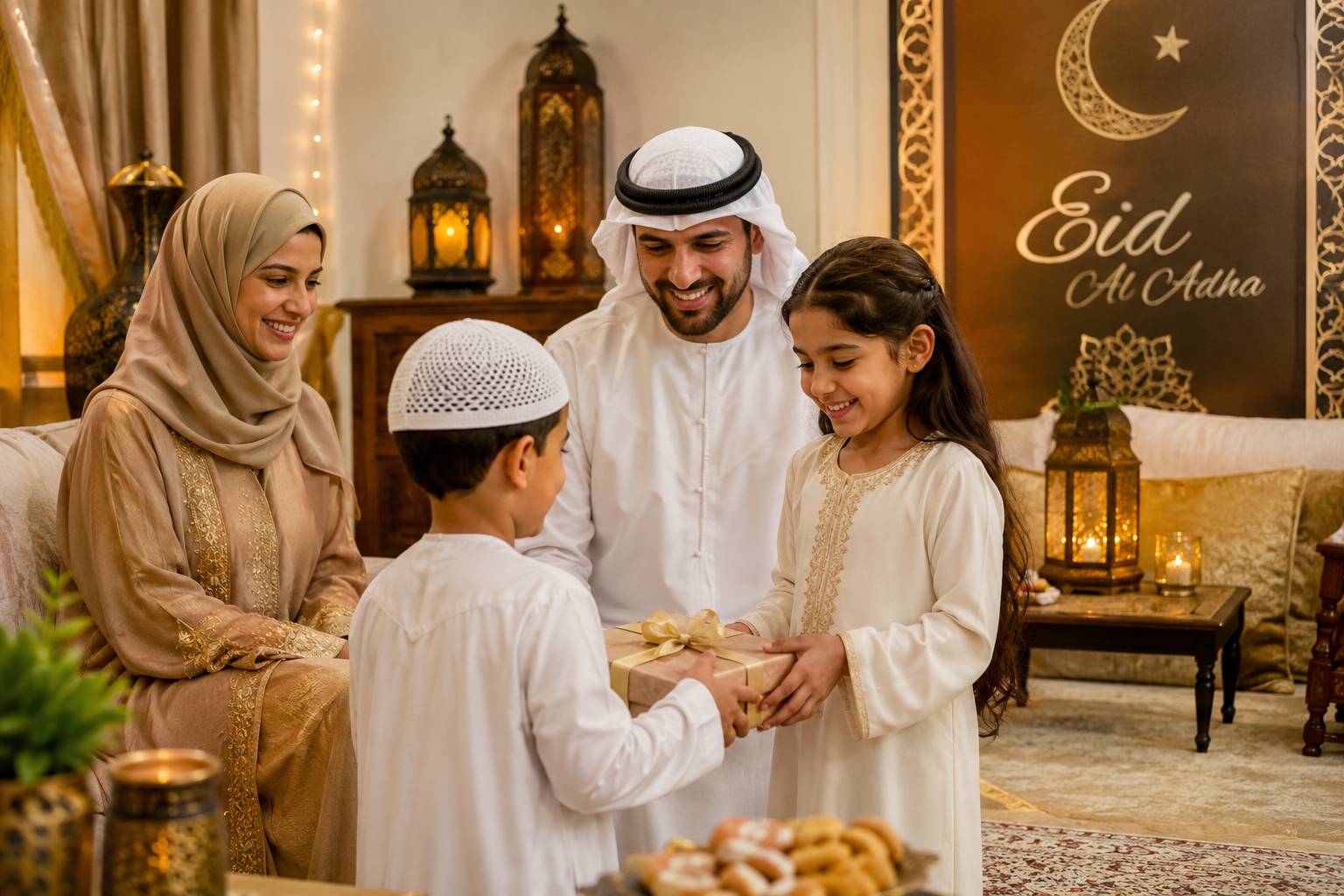 Eid Al Adha family lifestyle image with parents and children celebrating at home in warm Arabic decor