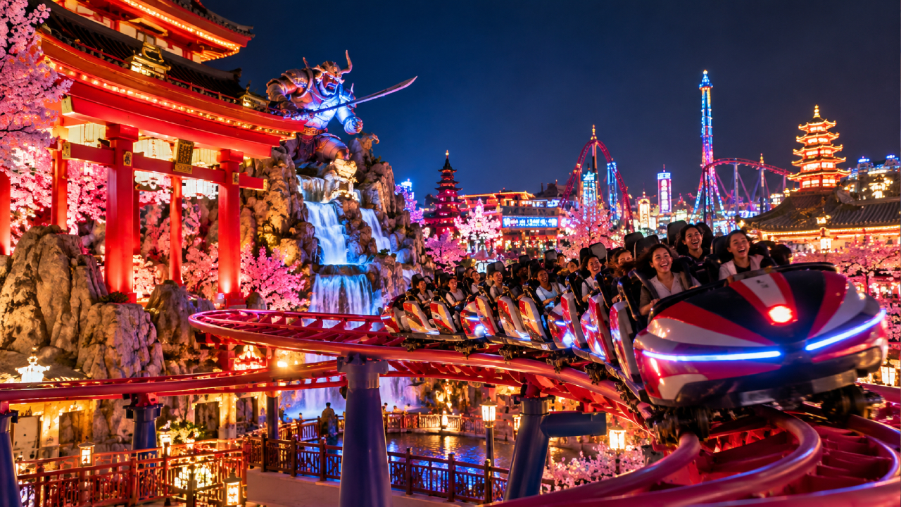 Hyperrealistic Tokyo Rush roller coaster at Global Village Dubai, racing past glowing red torii gates, illuminated Japanese pagodas, pink cherry blossoms, cascading waterfalls and neon-lit attractions, with excited riders enjoying the thrilling nighttime amusement ride.