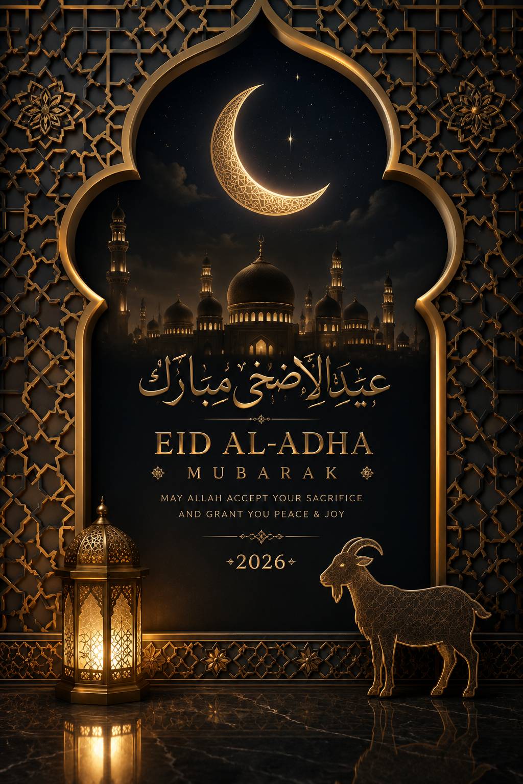 Elegant Islamic Eid wallpaper with intricate geometric patterns, glowing crescent moon, luxurious dark background and gold detailing