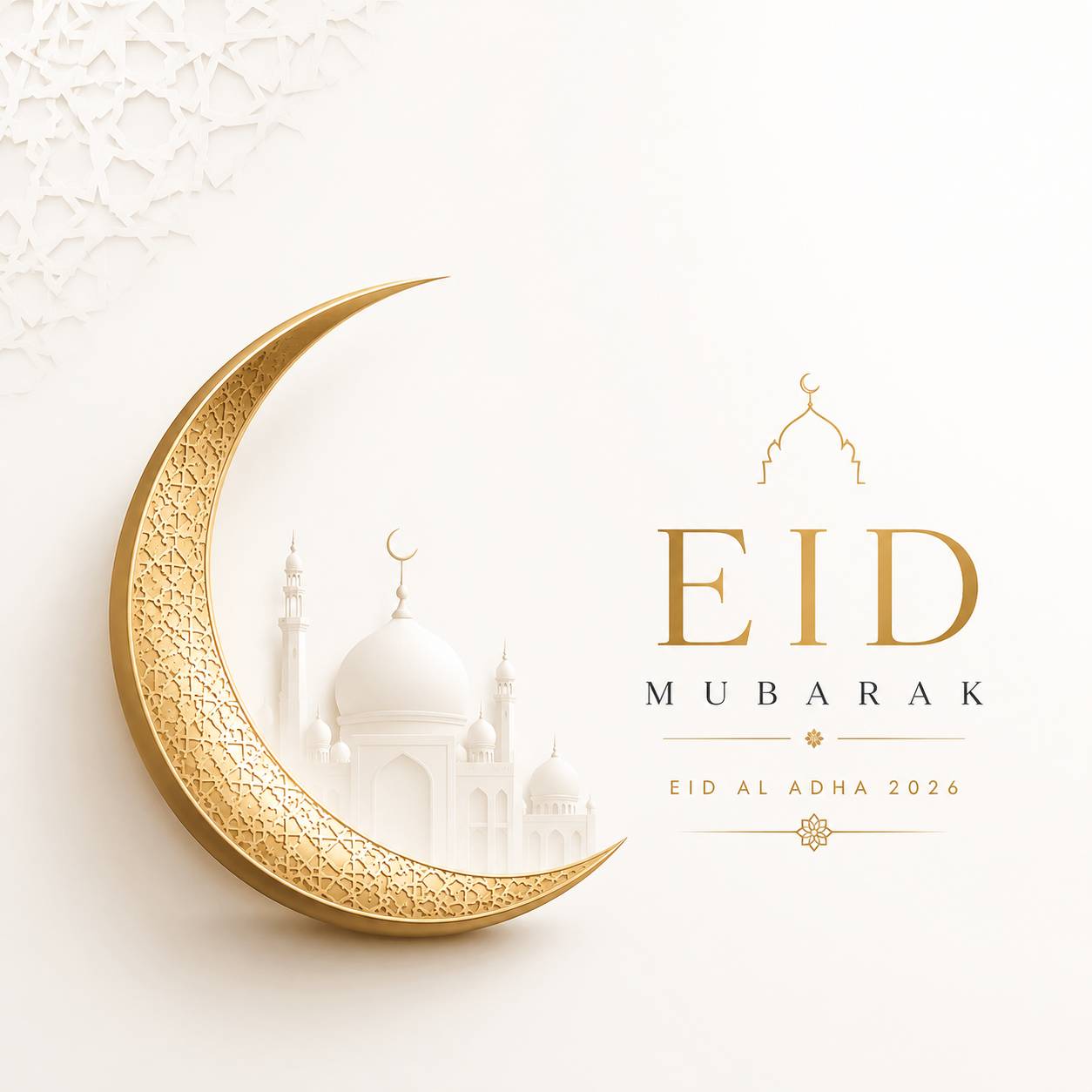 Minimal Eid Mubarak post for Instagram with clean white background, subtle gold crescent moon and modern typography space