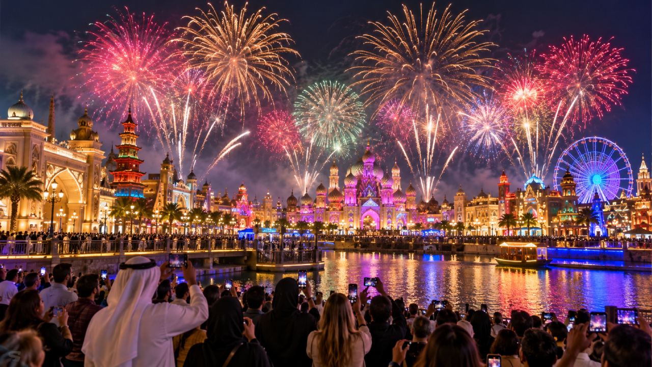 Fireworks light up the night sky above Global Village Dubai, illuminating its colourful cultural pavilions, iconic Festival Wheel and waterfront promenade as visitors gather to watch the spectacular display.