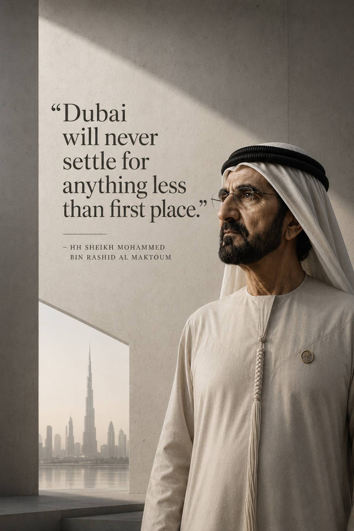 Sheikh Mohammed bin Rashid Al Maktoum quotes image in 2:3 portrait featuring the quote Dubai will never settle for anything less than first place