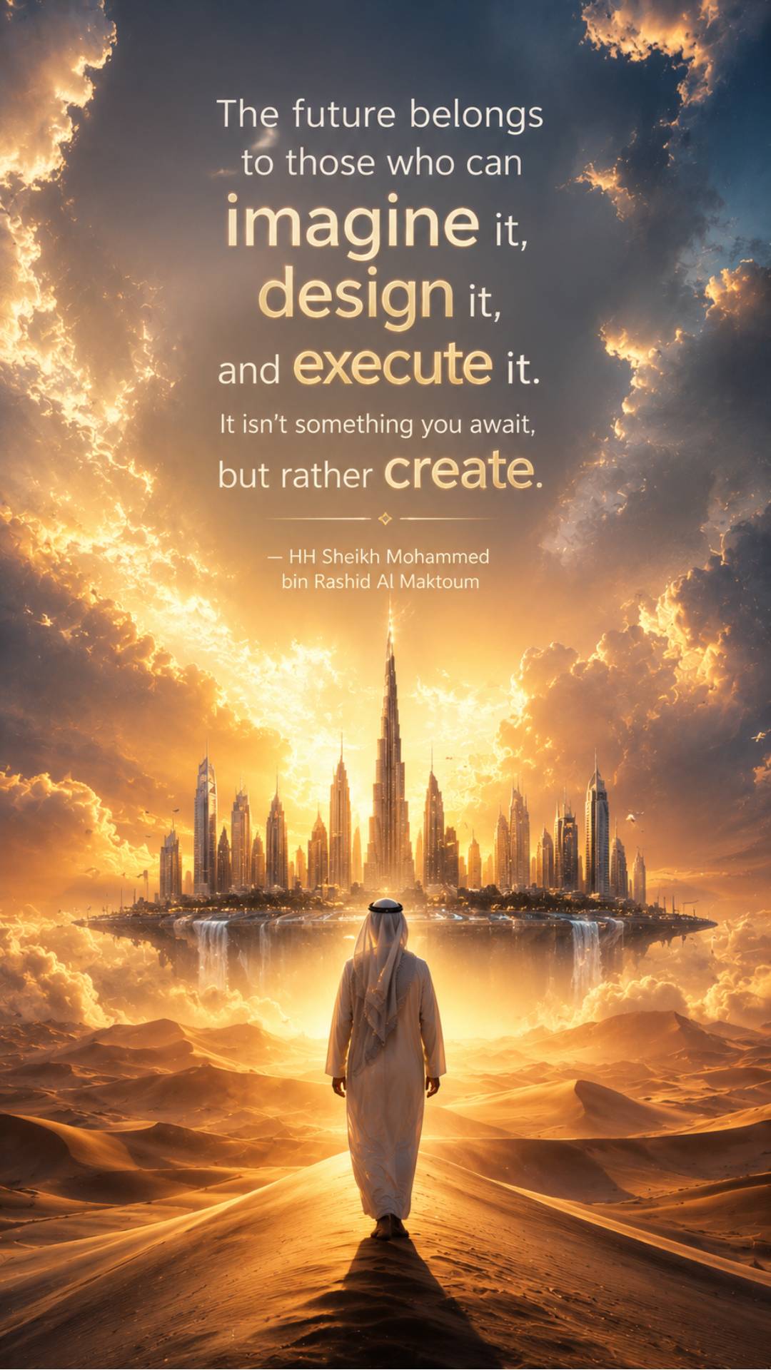 Sheikh Mohammed bin Rashid Al Maktoum quotes image in 9:16 vertical featuring the quote The future belongs to those who can imagine it