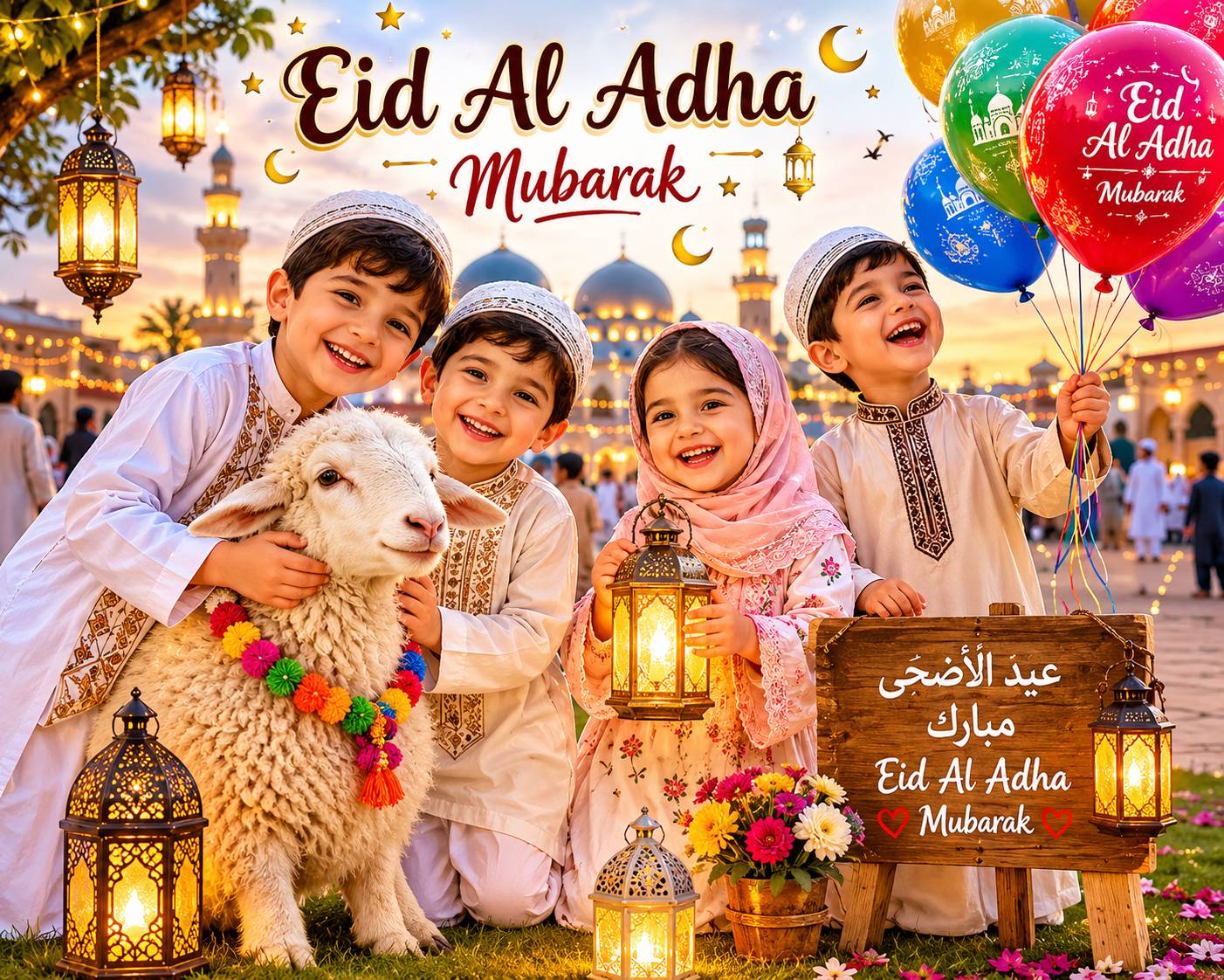 Cute Eid Al Adha 2026 image with happy children gathered around a lamb holding Eid Mubarak signs, balloons and lanterns