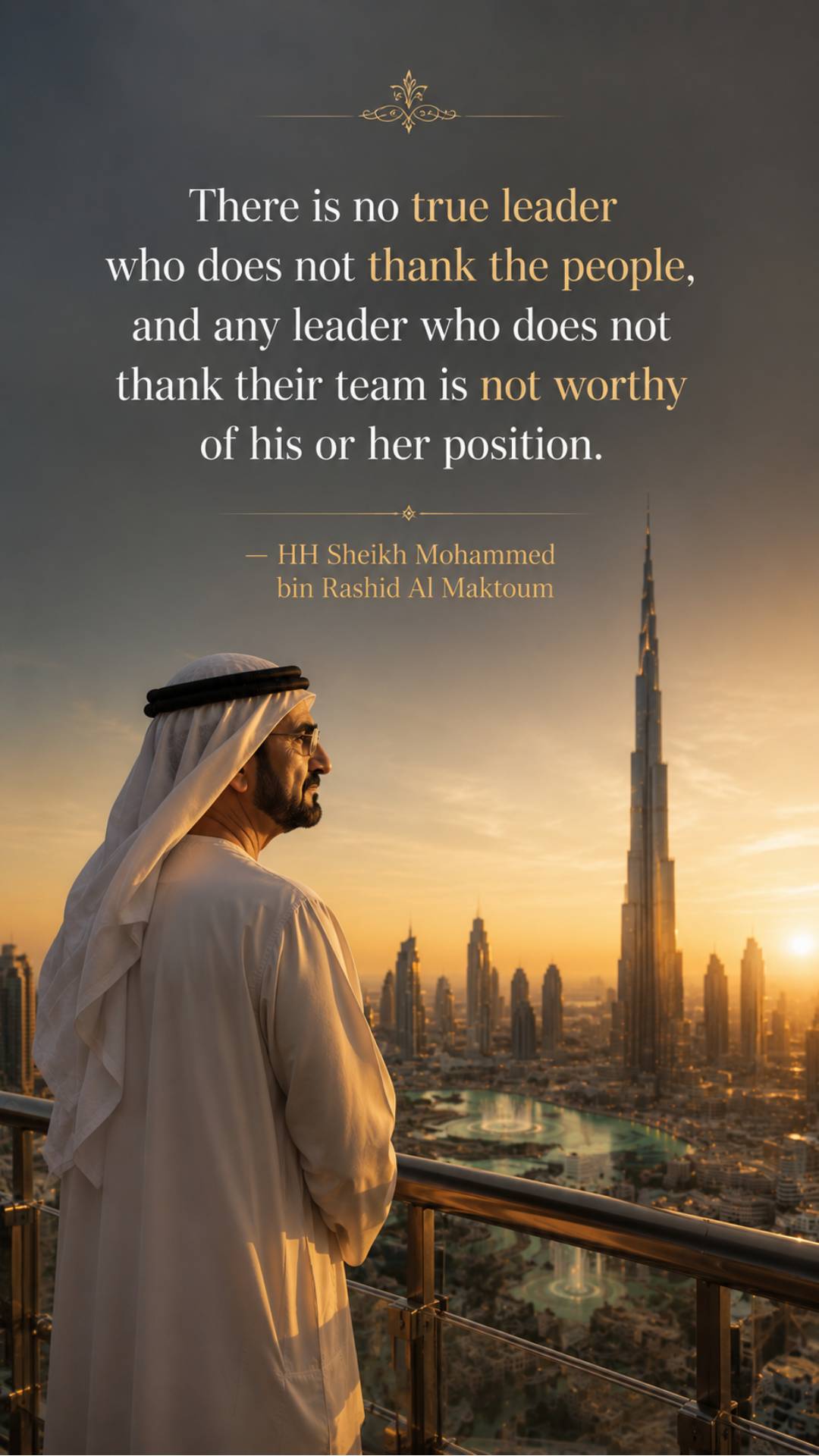 Sheikh Mohammed bin Rashid Al Maktoum quotes image in 9:16 vertical featuring the quote There is no true leader who does not thank the people