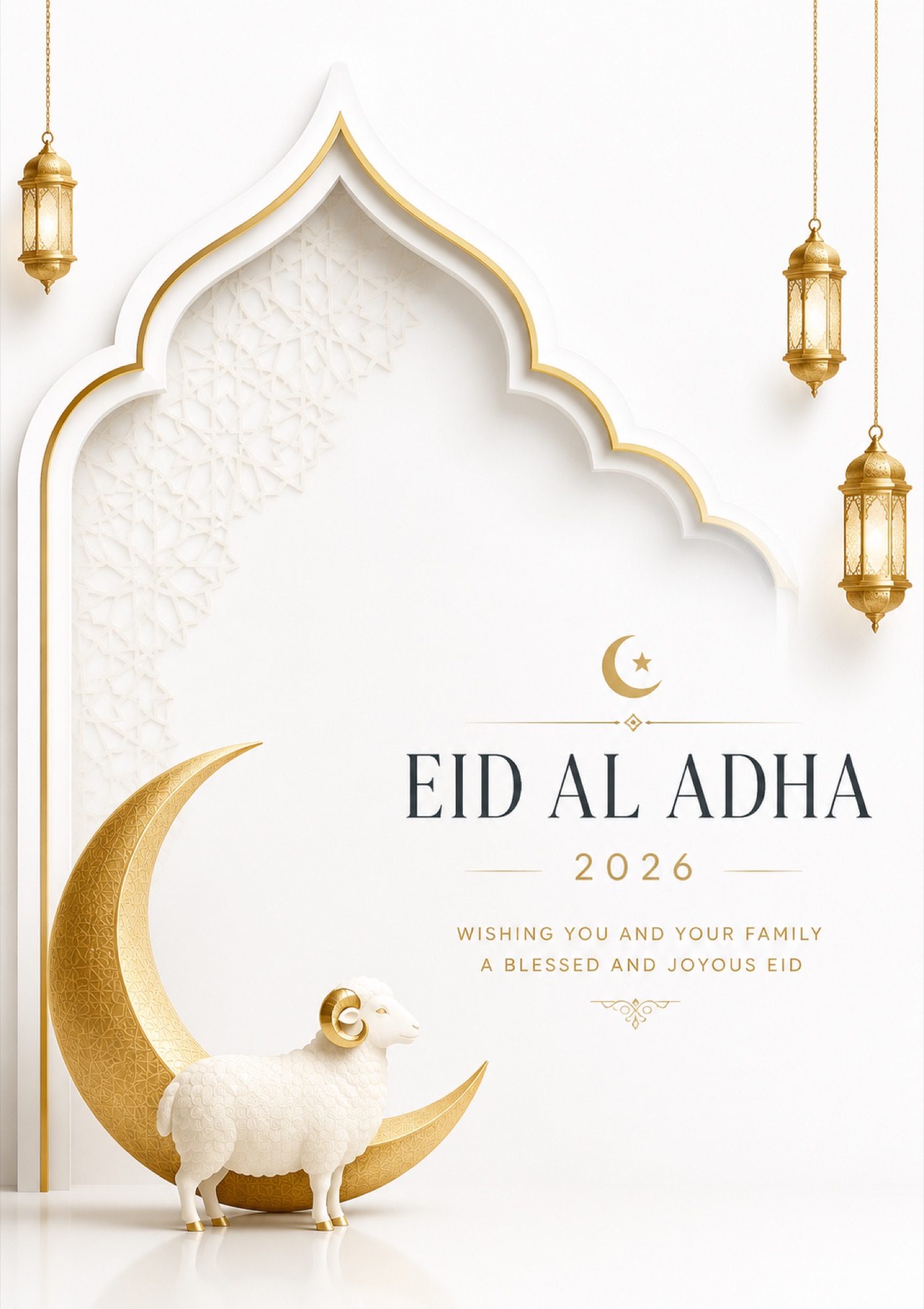 Minimal Eid Al Adha 2026 professional greeting card with clean white background, subtle gold Islamic arches and crescent moon