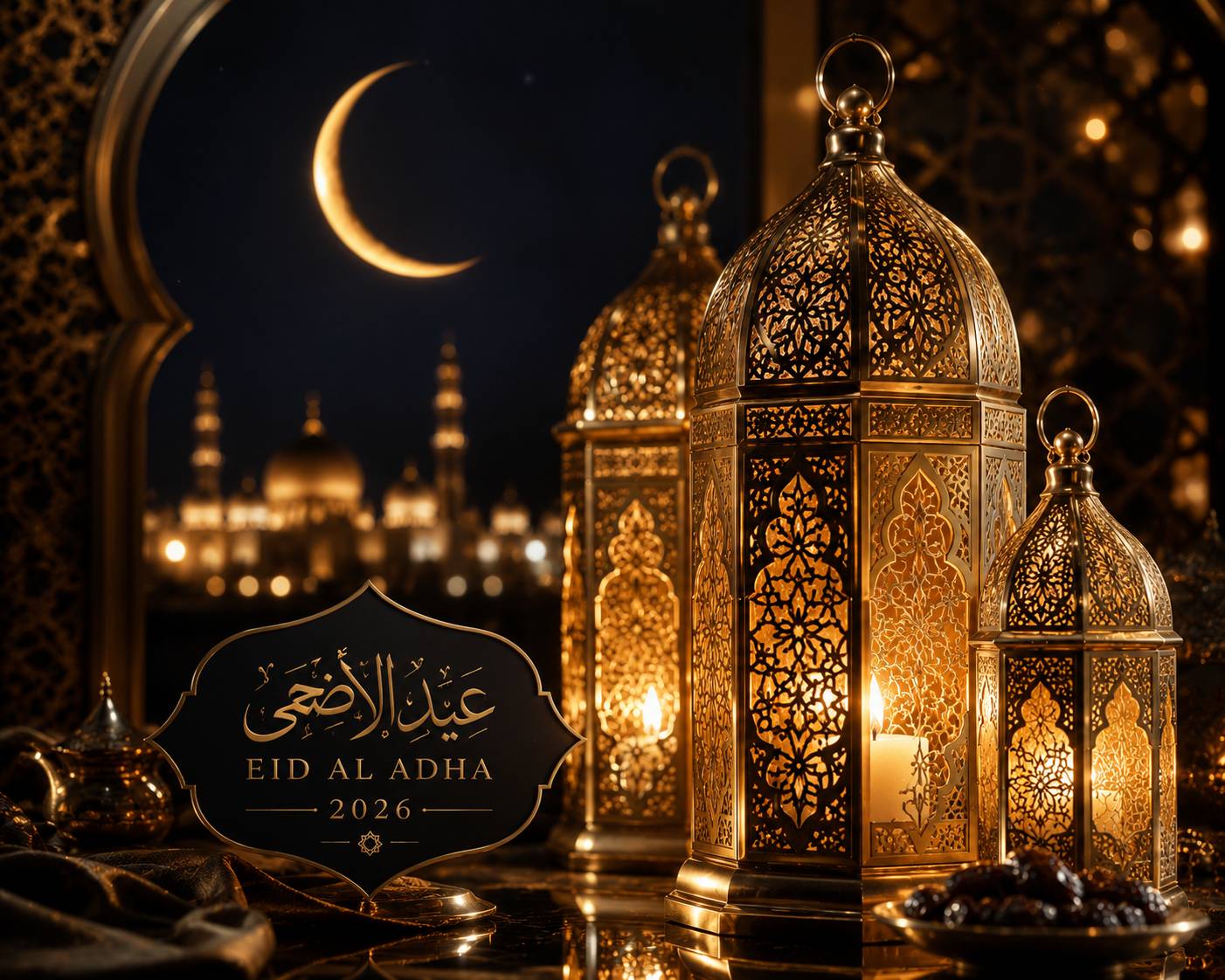 Ornate glowing Eid Al Adha lanterns beside a crescent moon and mosque skyline in a warm festive night setting