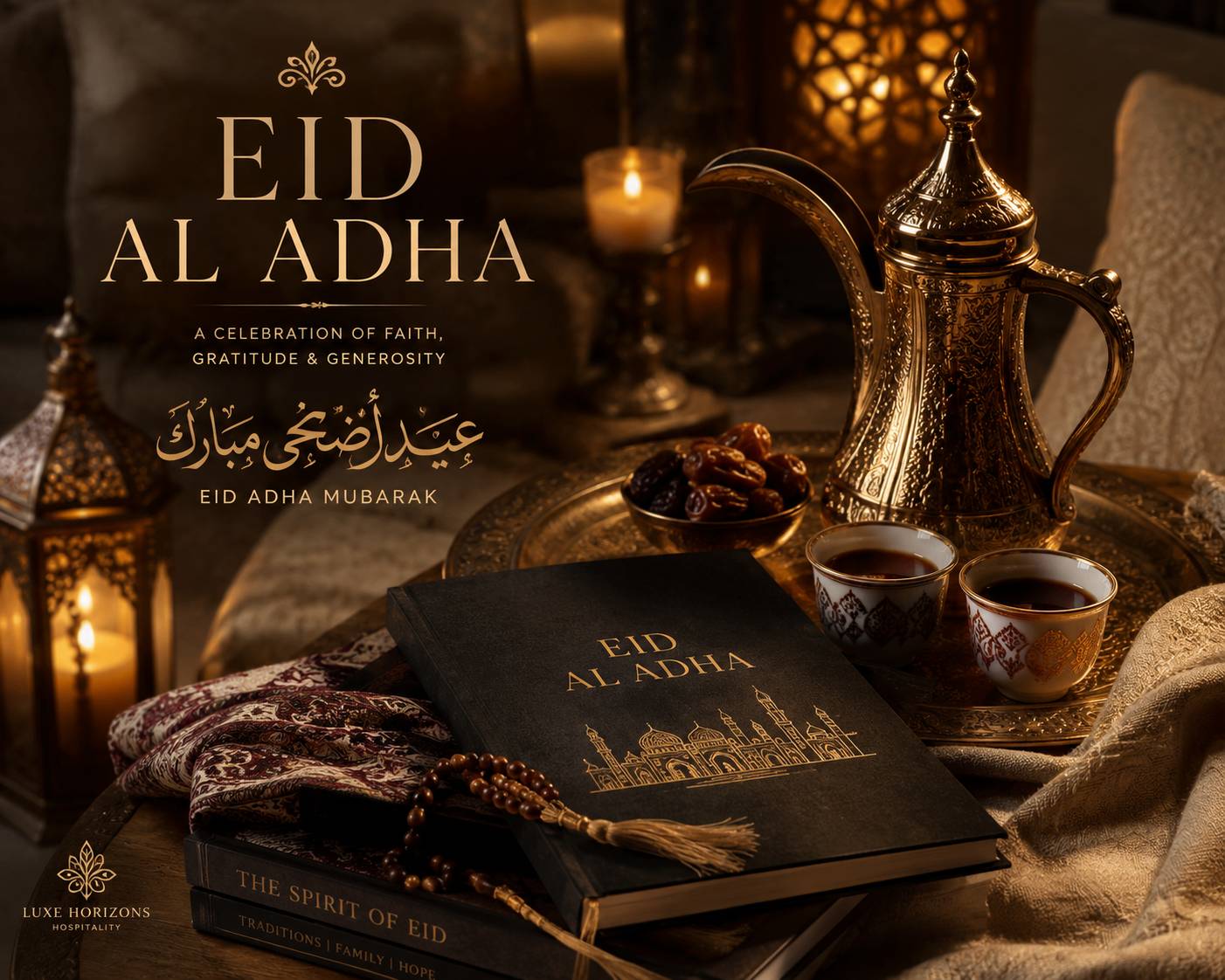 Cozy luxury Eid Al Adha 2026 celebration setup with Arabic coffee, dates, candles, lanterns and festive decor in golden lighting