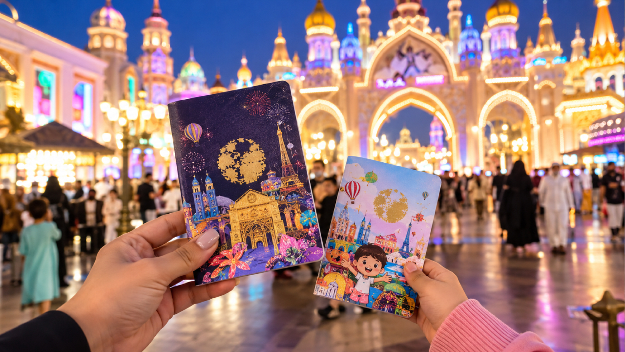Global Village Season 31 adult and kids passports held in front of a brightly illuminated entrance, with ornate arches, colorful lights, and a festive crowd at night.