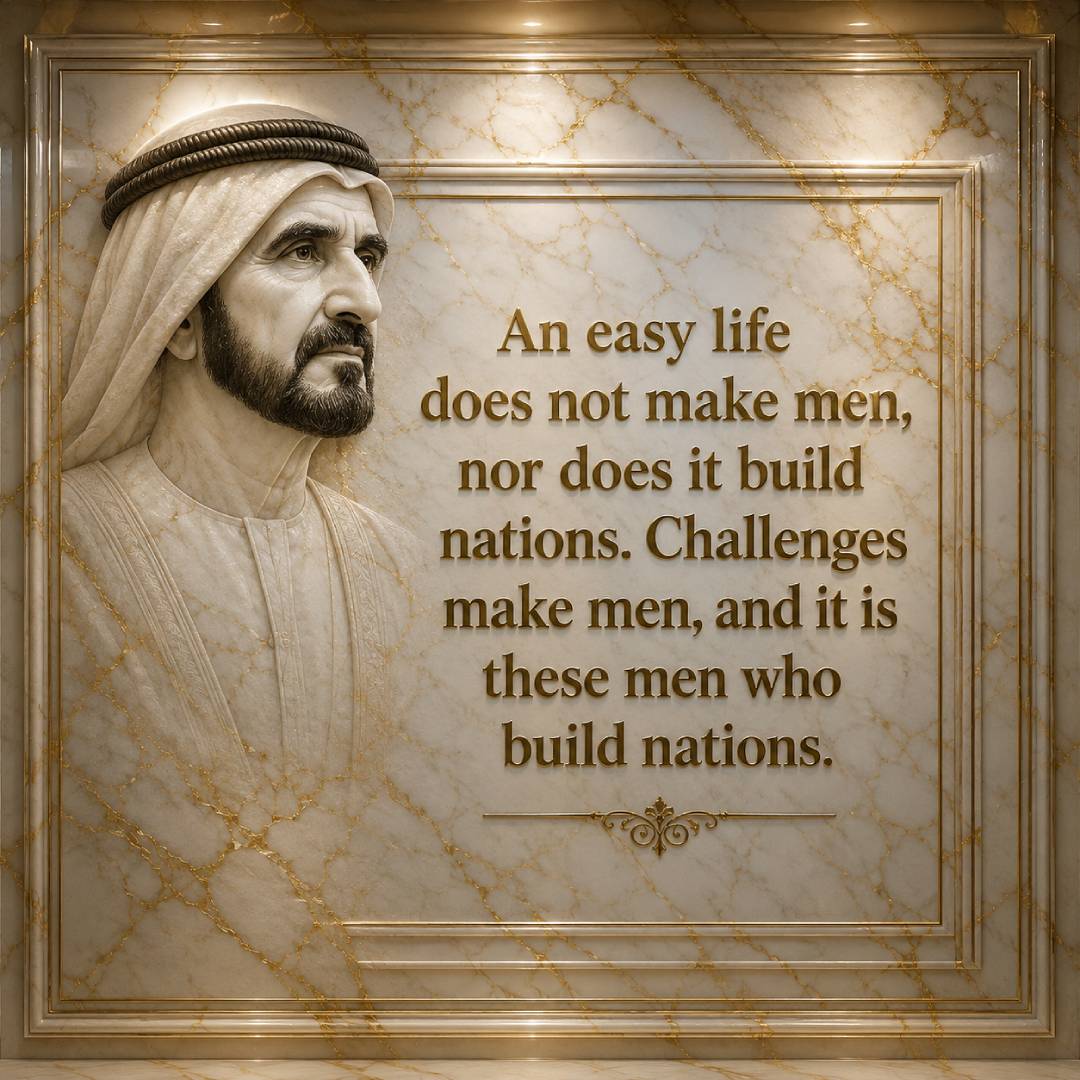 Sheikh Mohammed bin Rashid quotes images square design featuring the quote An easy life does not make men