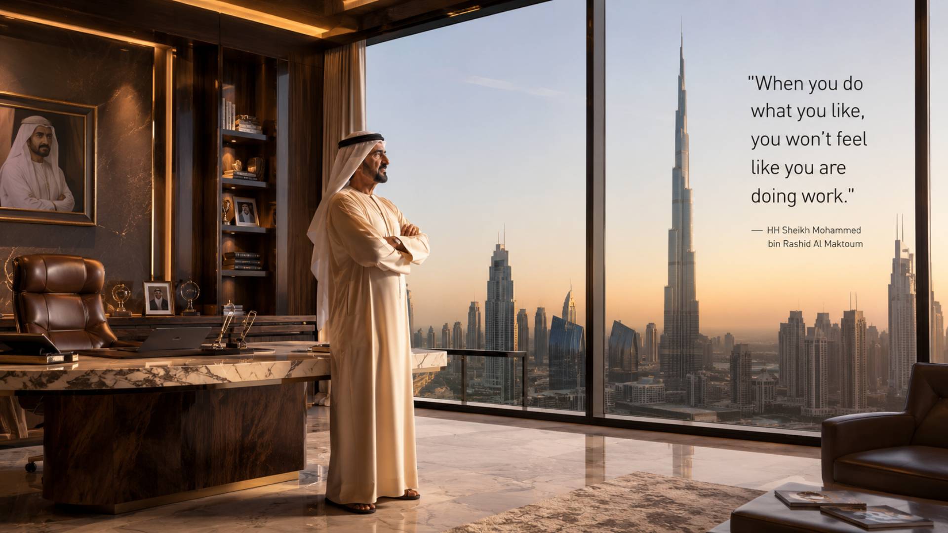 Sheikh Mohammed bin Rashid Al Maktoum quotes image in 16:9 widescreen featuring the quote When you do what you like