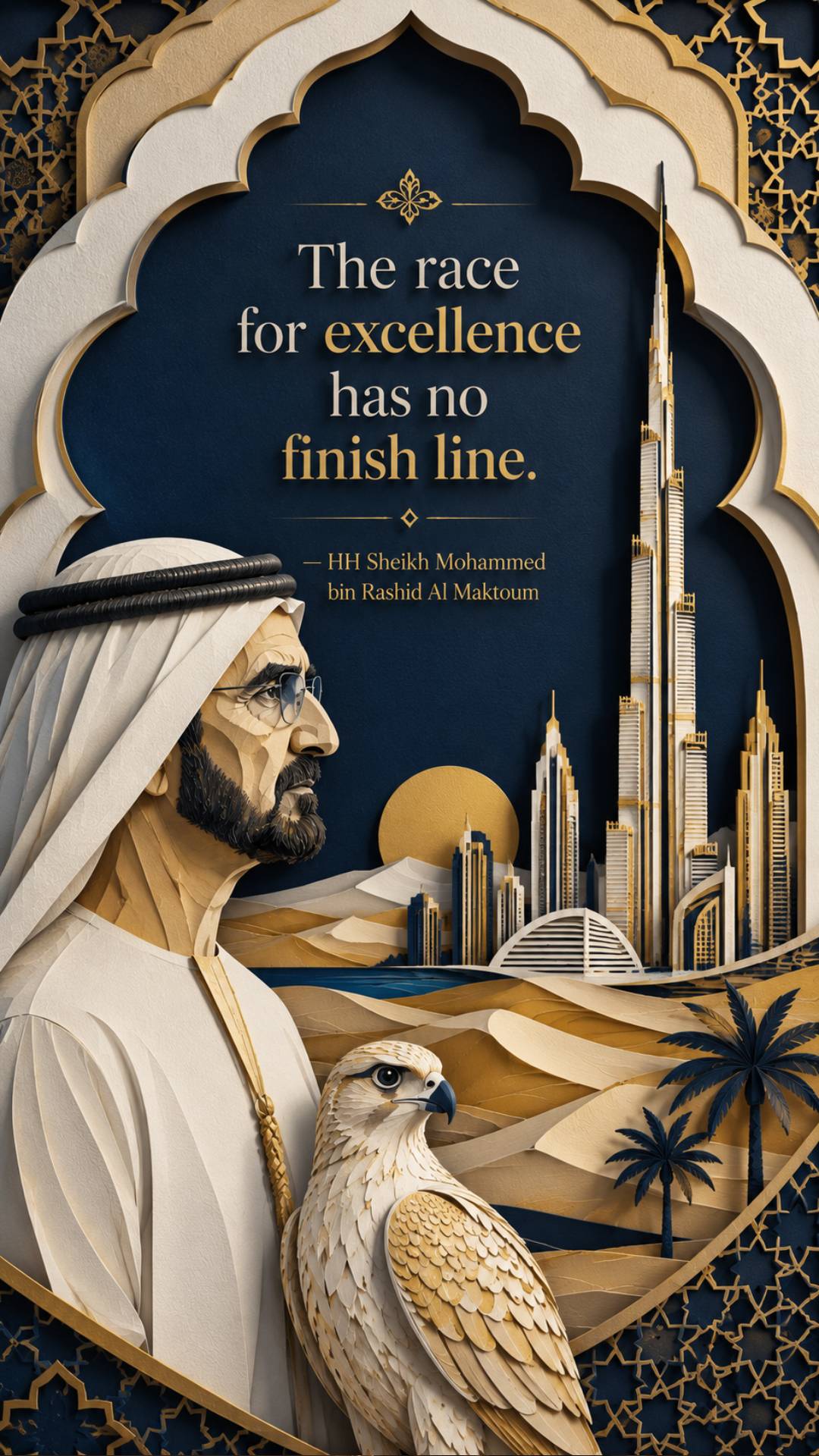 Sheikh Mohammed bin Rashid Al Maktoum quotes image in 9:16 vertical featuring the quote The race for excellence has no finish line