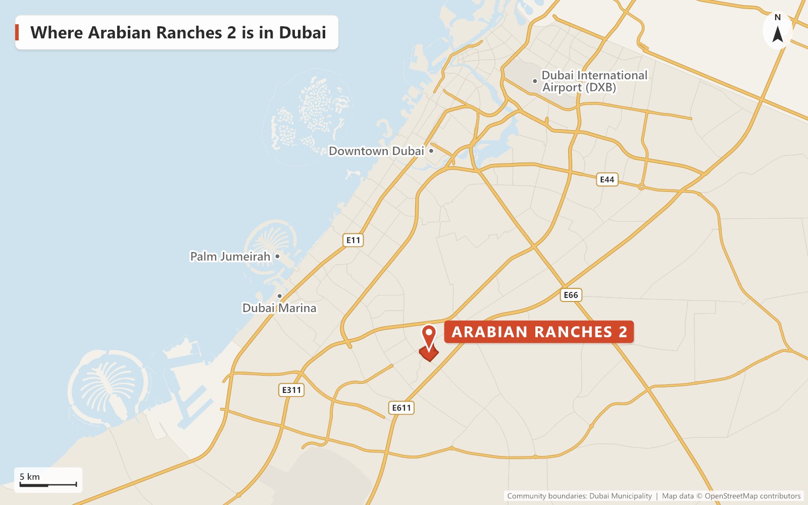 Map of Dubai showing where Arabian Ranches 2 is, beside Al Qudra Street near Emirates Road (E611) in Dubailand, with Dubai Marina, Palm Jumeirah, Downtown Dubai and Dubai International Airport marked for reference.