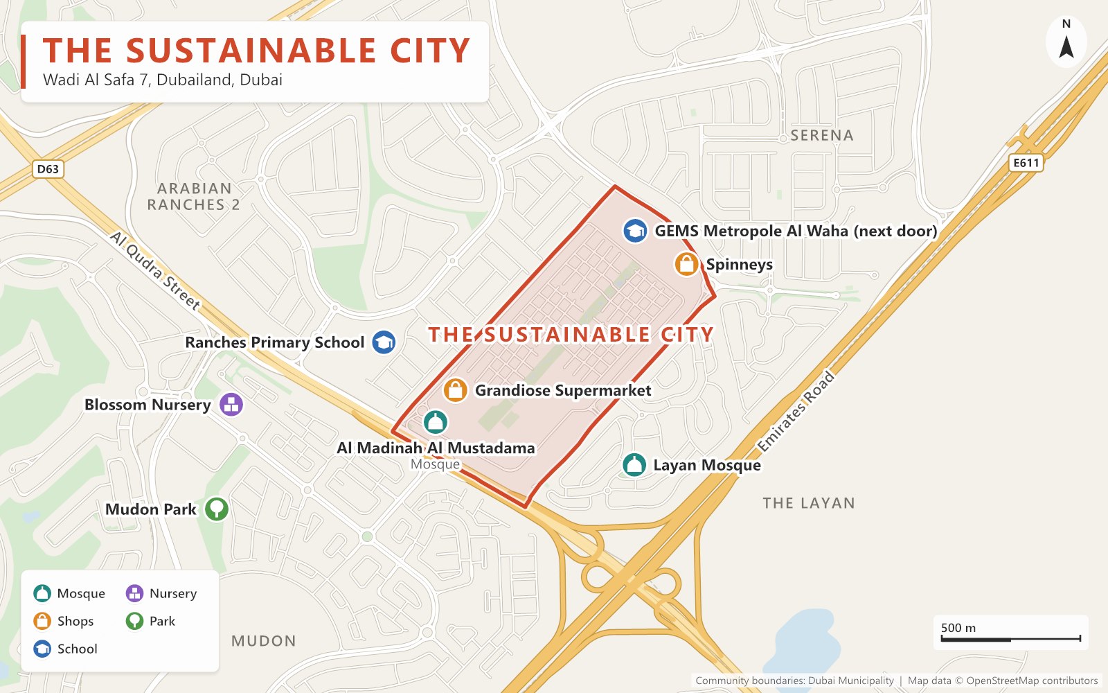 Close-up map of The Sustainable City outlined in red along Al Qudra Street, between Arabian Ranches 2, The Layan, Serena and Mudon, with Al Madinah Al Mustadama Mosque, Grandiose Supermarket, Spinneys inside, GEMS Metropole School Al Waha just outside on the north side, and Ranches Primary School, Blossom Nursery, Layan Mosque and Mudon Park nearby.