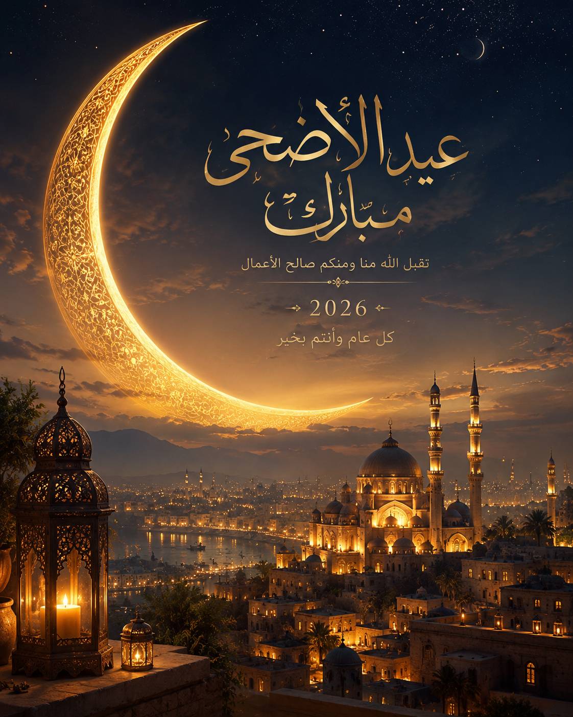Stunning Eid Al Adha 2026 nightscape with glowing crescent moon above an illuminated mosque city and Arabic calligraphy