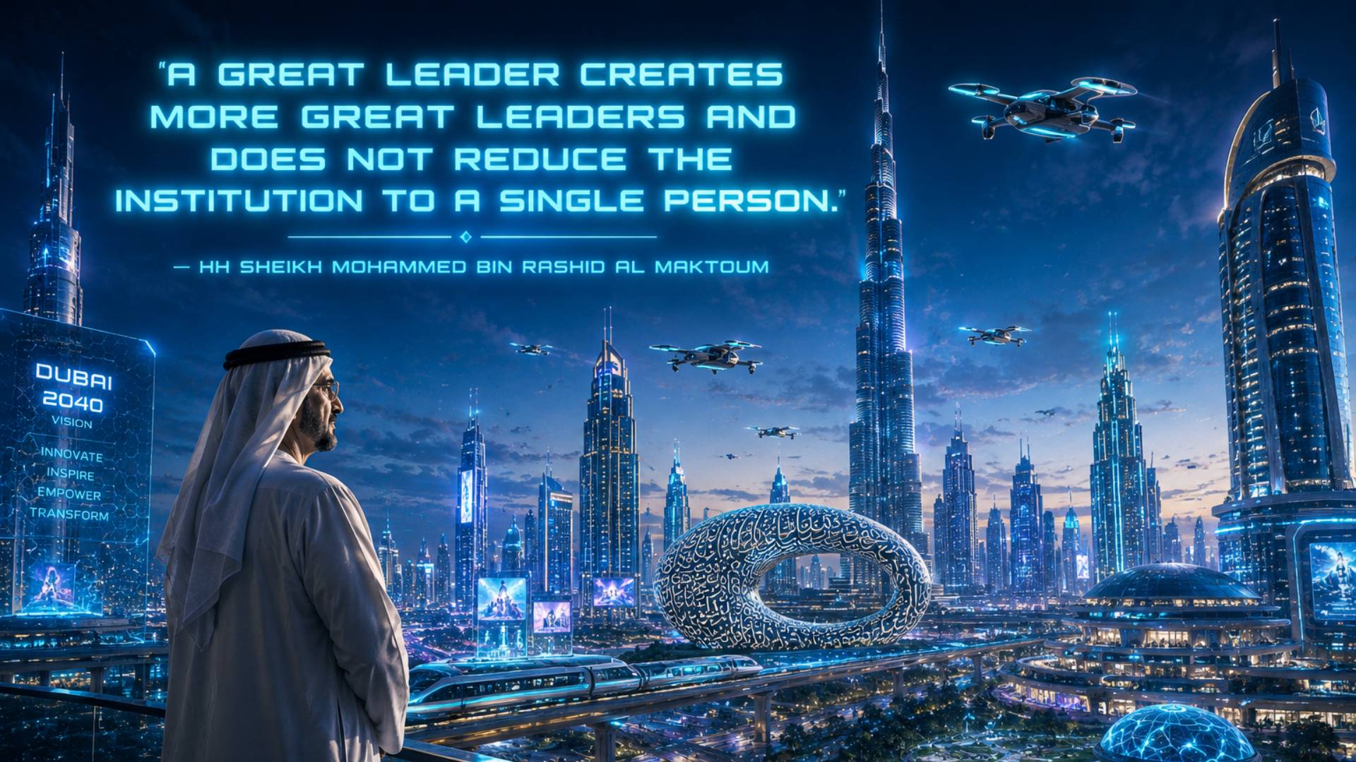 Sheikh Mohammed bin Rashid Al Maktoum quotes image in 16:9 widescreen featuring the quote The race for excellence has no finish line