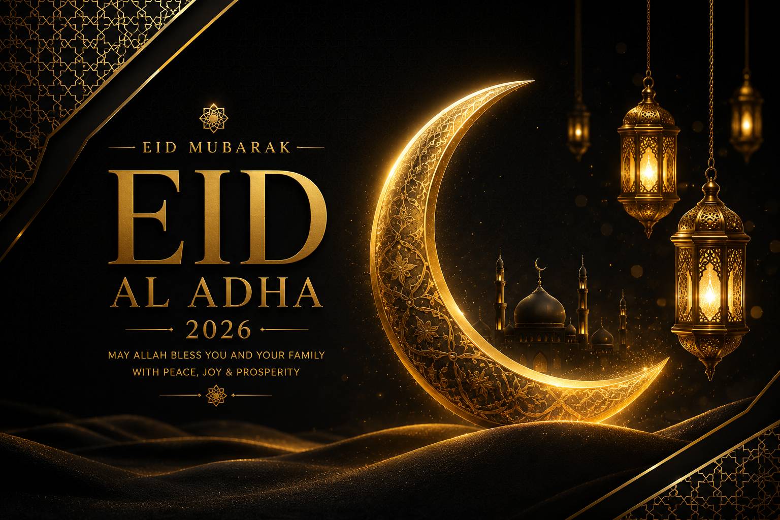 Premium Eid Mubarak 2026 wishes image with a glowing crescent moon, hanging lanterns and mosque silhouettes in gold tones