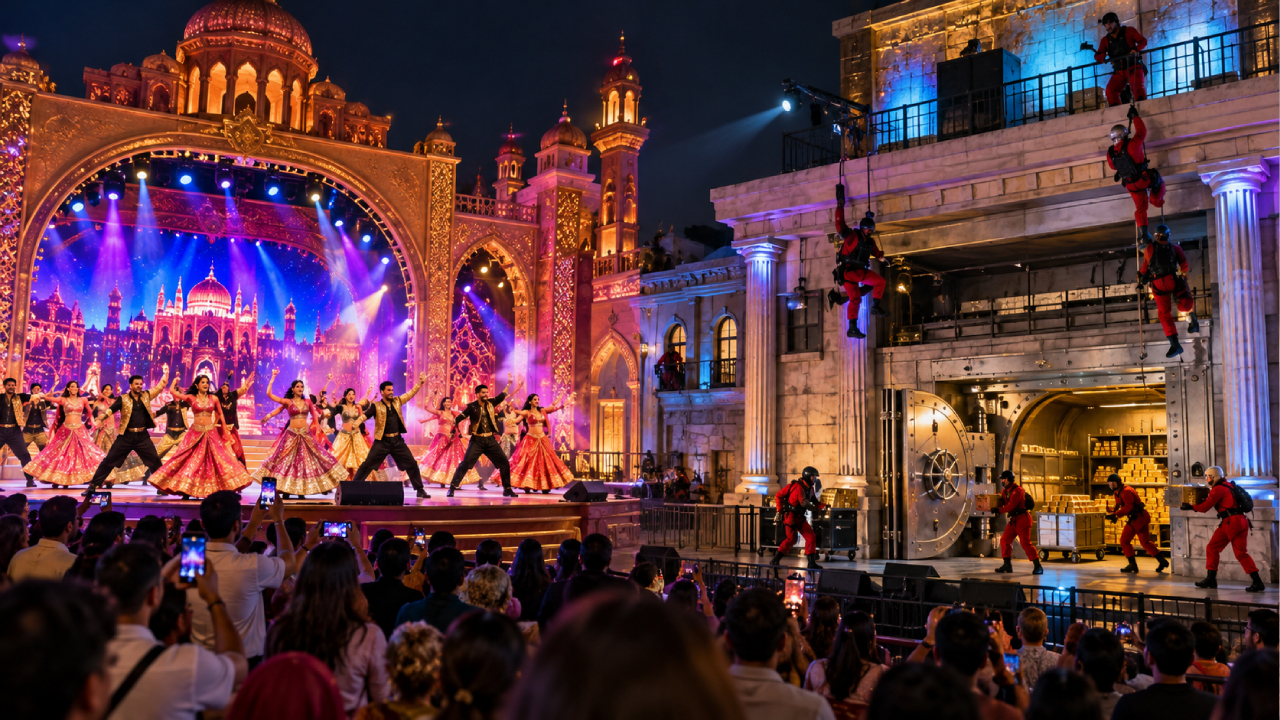 Bollywood-inspired dancers perform on a brightly lit stage alongside red-clad stunt performers recreating a bank heist at Global Village Dubai, with colourful lights, ornate architecture and a captivated crowd.