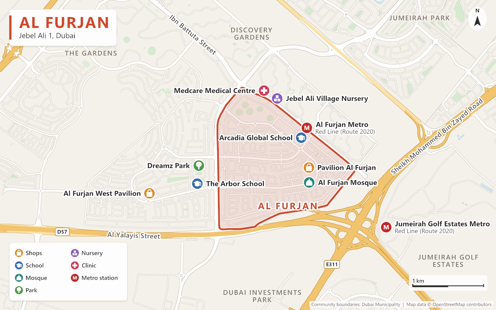Close-up map of Al Furjan outlined in red between Sheikh Mohammed Bin Zayed Road (E311) and Al Yalayis Street (D57), next to Discovery Gardens, Jumeirah Park, The Gardens, Jumeirah Golf Estates and Dubai Investments Park, with Al Furjan and Jumeirah Golf Estates Metro stations (Red Line, Route 2020), Pavilion Al Furjan, Al Furjan West Pavilion, Arcadia Global School, The Arbor School, Al Furjan Mosque, Dreamz Park, a nursery and a clinic marked.