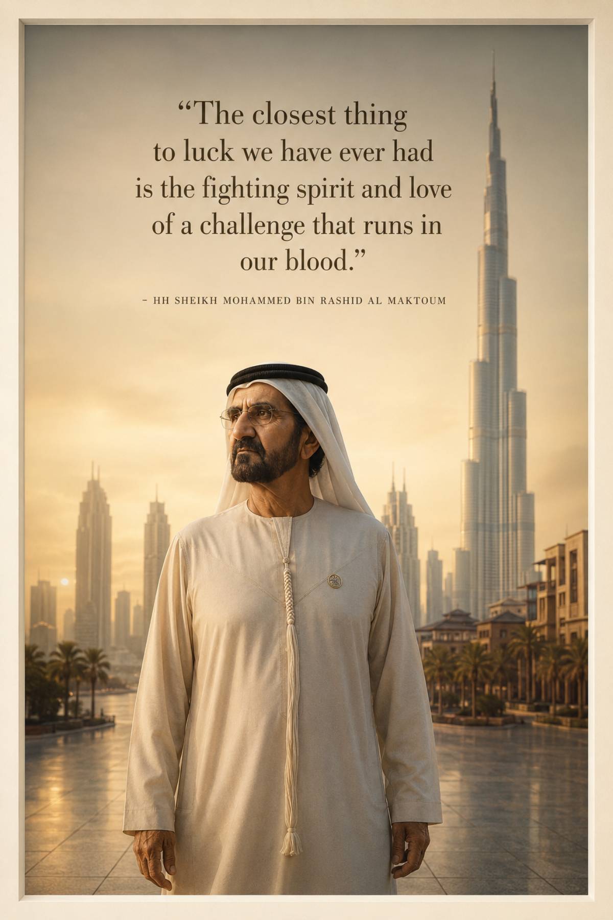Sheikh Mohammed bin Rashid Al Maktoum quotes image in 2:3 portrait featuring the quote The closest thing to luck is the fighting spirit