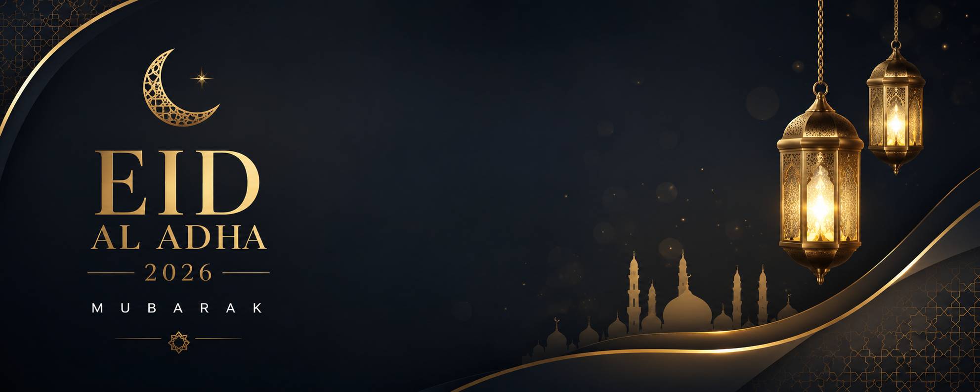 Wide Eid Al Adha 2026 wishes banner with elegant navy blue background, gold lanterns and minimal Islamic design elements
