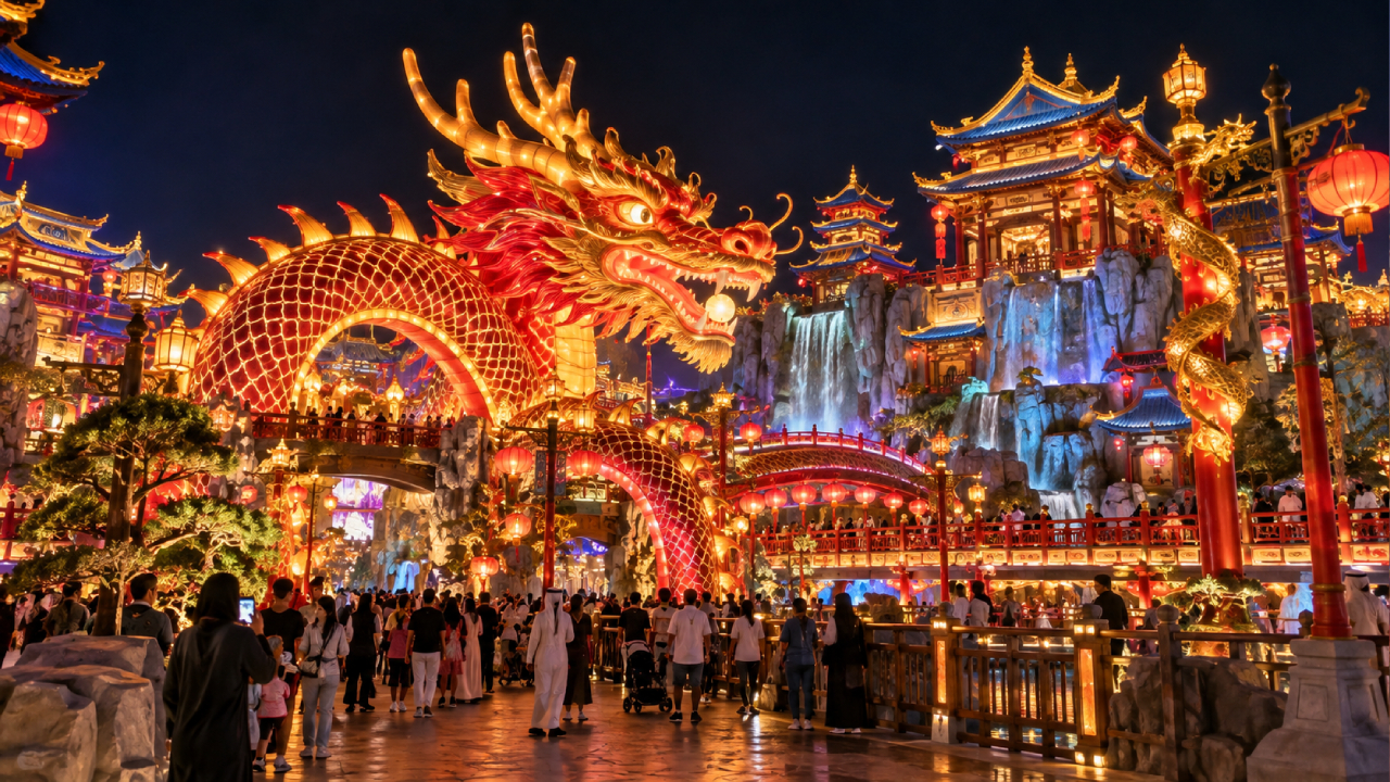 Hyperrealistic view of Dragon Kingdom at Global Village Dubai, featuring a giant illuminated red-and-gold Chinese dragon, ornate pagodas, glowing red lanterns, a traditional gateway, cascading waterfalls, and crowds exploring the vibrant Asian-themed attraction at sunset.