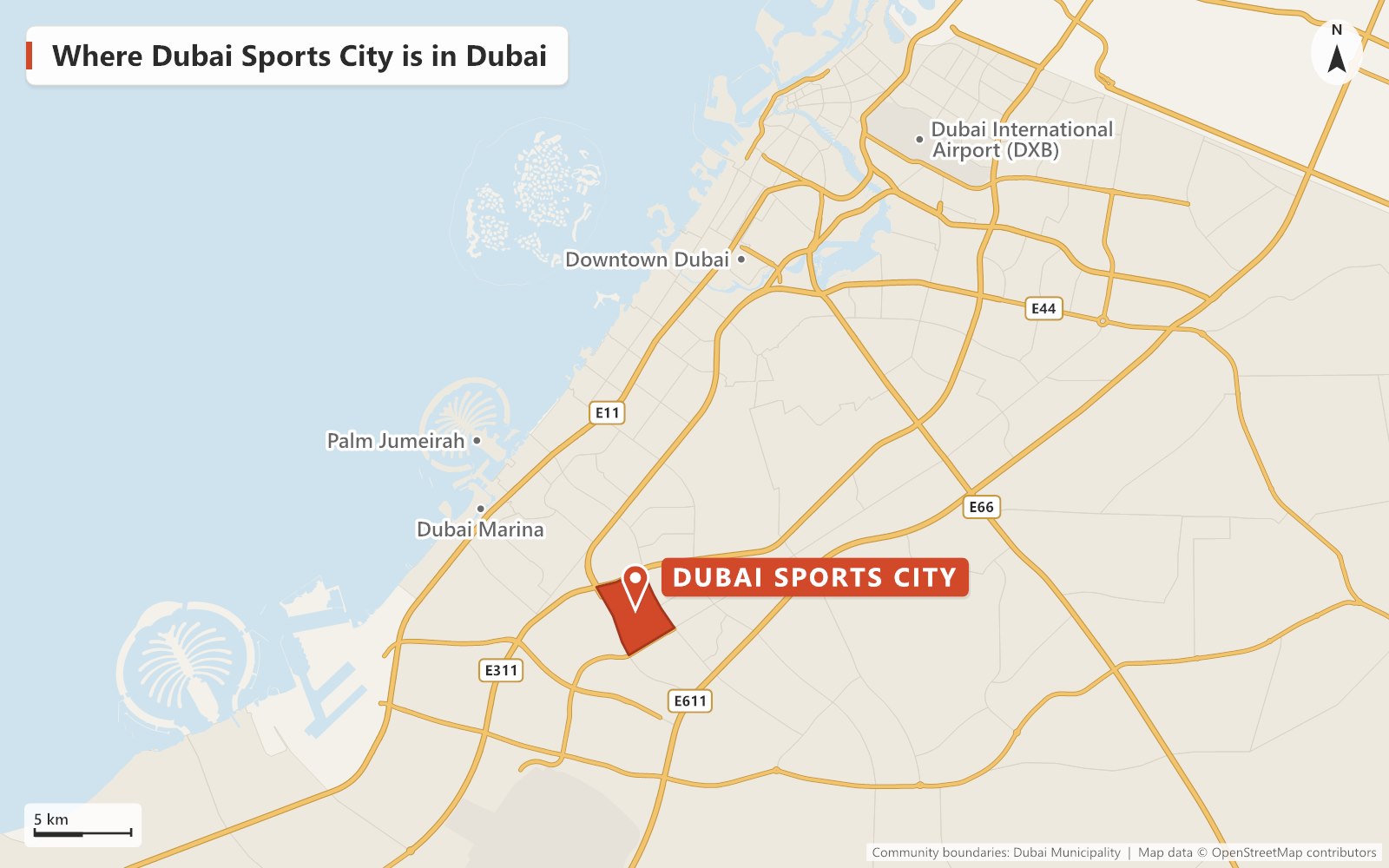 Map of Dubai showing where Dubai Sports City is, south of Sheikh Mohammed Bin Zayed Road (E311) between Al Khail Road and Hessa Street, with Dubai Marina, Palm Jumeirah, Downtown Dubai and Dubai International Airport marked for reference.