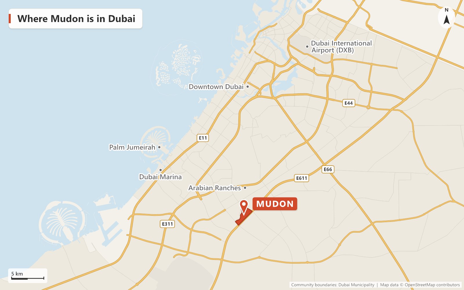 Map of Dubai showing where Mudon is, south of Arabian Ranches beside Emirates Road, with Dubai Marina, Palm Jumeirah, Downtown Dubai and Dubai International Airport marked for reference.