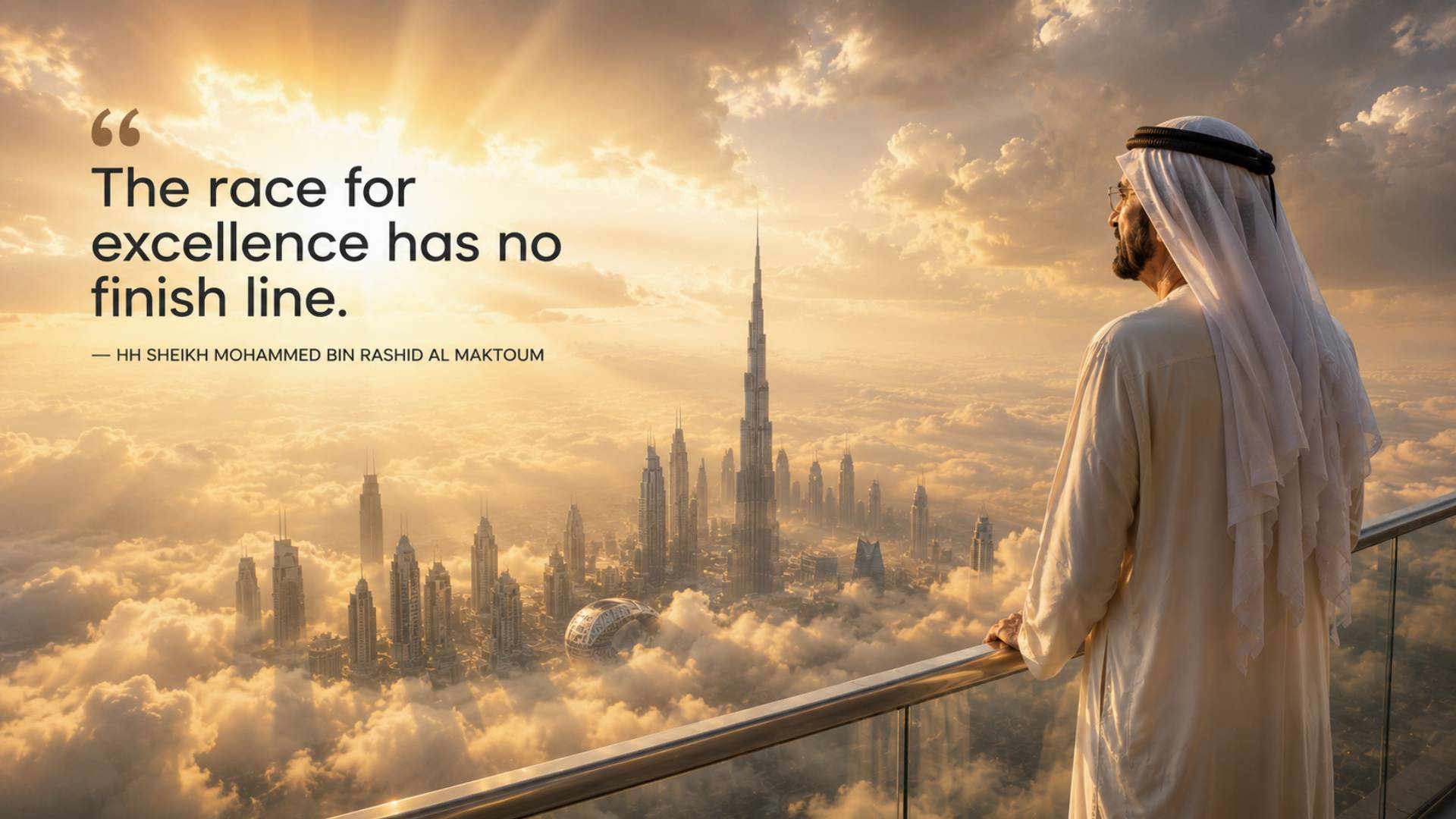 Sheikh Mohammed bin Rashid Al Maktoum quotes image in 16:9 widescreen featuring the quote A great leader creates more great leaders