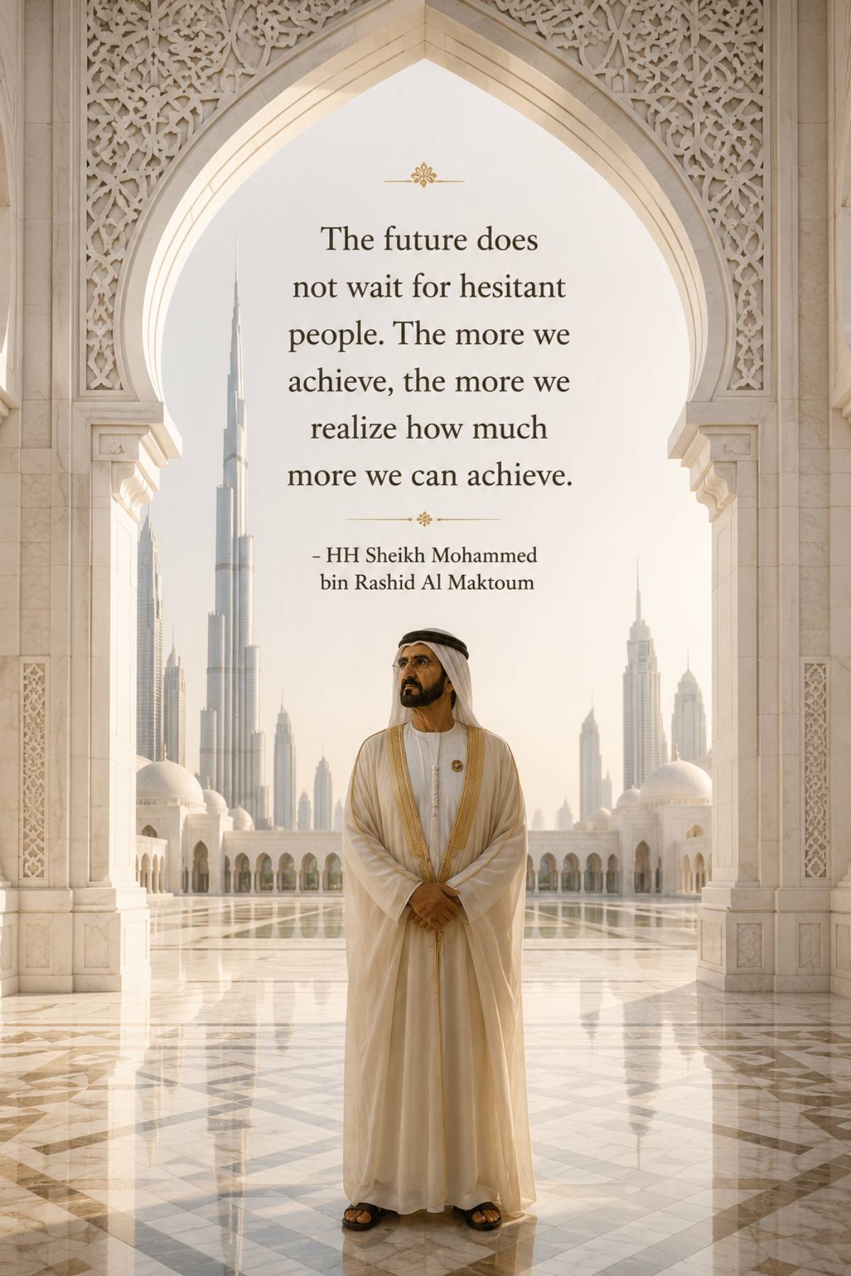 Sheikh Mohammed bin Rashid Al Maktoum quotes image in 2:3 portrait featuring the quote The future does not wait for hesitant people